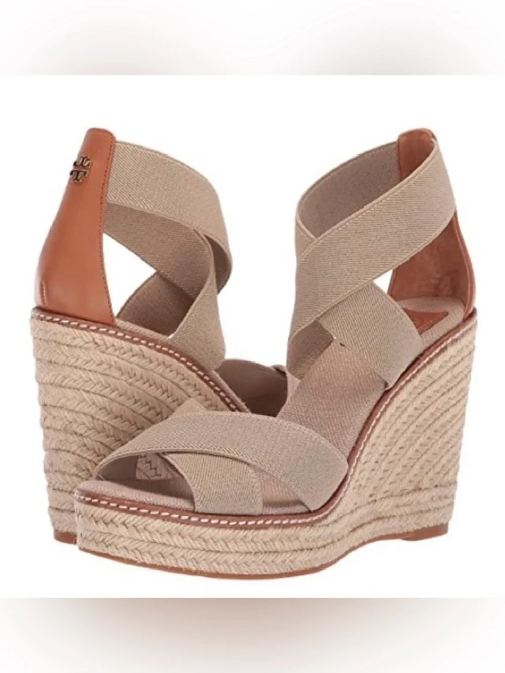 Tory Burch Adonis Wedge Espadrille Sandal 11 Gold Khaki Platform Logo EUC $398